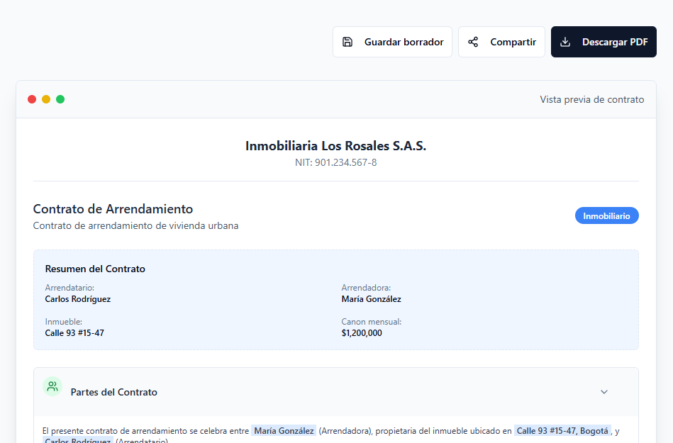 Vista previa del editor de contratos Formas Online